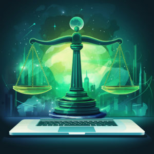 Une balance de la justice devant un clavier représentant les mentions légales d'un site internet